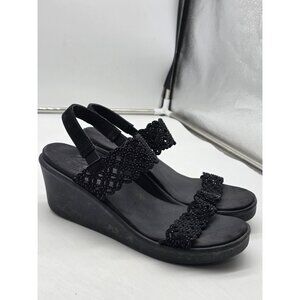 Skechers Cali Luxe Foam Sandals Womens 7 Black Wedge Slingback Beaded Dress
